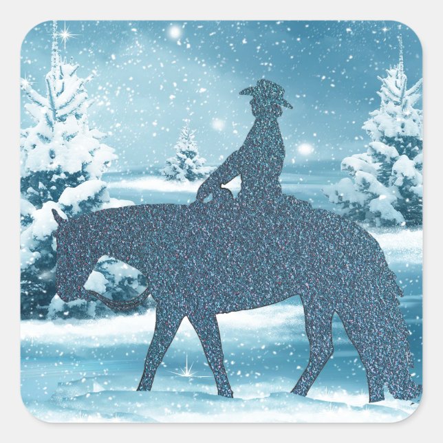 Western Cowboy Cowgirl Pferd Winter Snow Scene Quadratischer Aufkleber (Vorderseite)