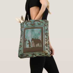 Western Cowboy, der an der Kreuz-und Pferde-Tasche Tasche