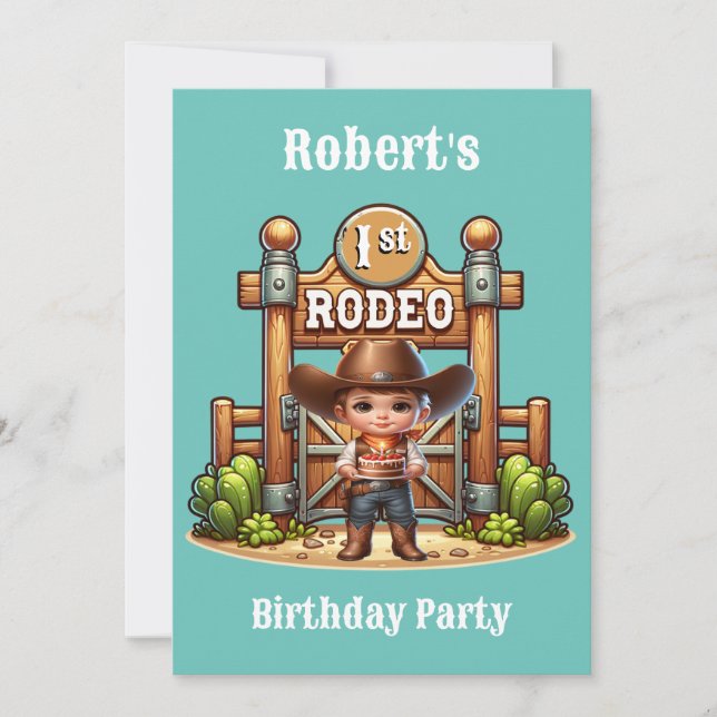 Western Cowboy First Rodeo Geburtstag Custom Einladung (Vorderseite)