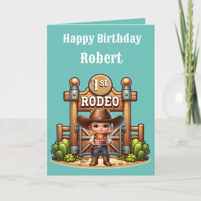 Western Cowboy First Rodeo Geburtstag Custom Karte (Vorderseite)