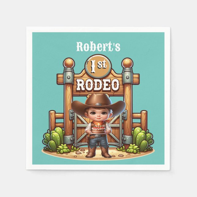 Western Cowboy First Rodeo Geburtstag Custom Serviette (Vorderseite)