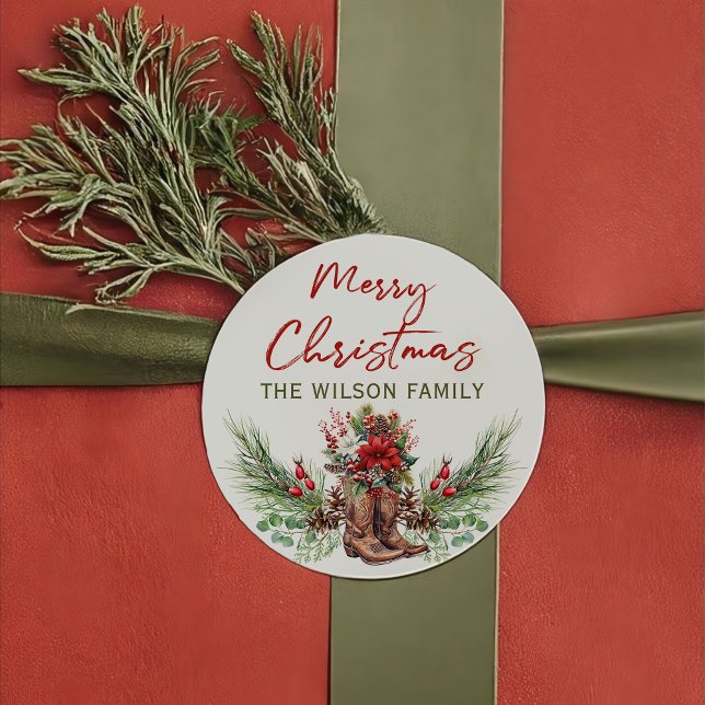 Western Cowboy Frohe Weihnachtsaufkleber Runder Aufkleber (Von Creator hochgeladen)