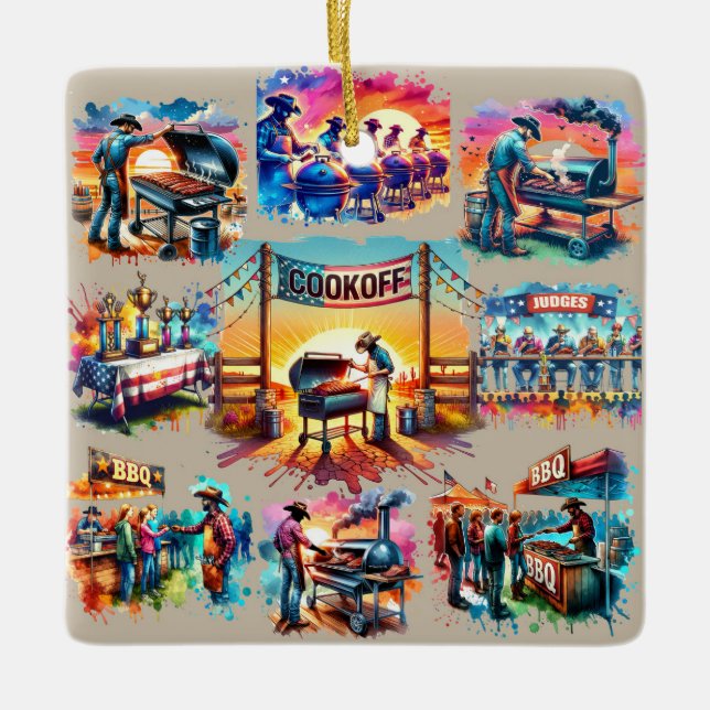 Western Cowboy GRILLEN Cookoff Szenen 1 Keramikornament (Vorderseite)