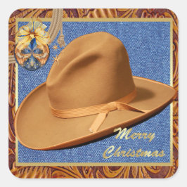 Western Cowboy Hat Denim Leather Frohe Weihnachten Quadratischer Aufkleber