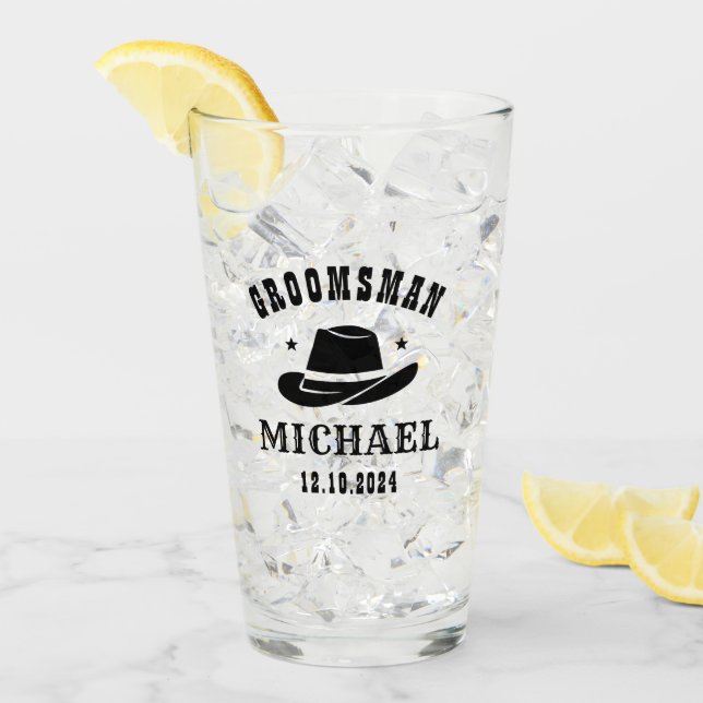 Western Cowboy Hat Trauzeuge Personalisiert Name Glas (Vorderseite Ice)