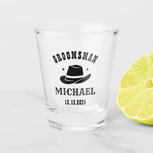 Western Cowboy Hat Trauzeuge Personalisiert Name Schnapsglas (Vorderseite)