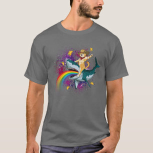 Western Cowboy Katze Reitet Auf Einem Hai Inaco We T-Shirt