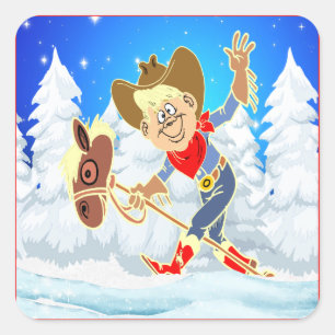 Western Cowboy Kind auf Stick Pferd Winter Szene Quadratischer Aufkleber