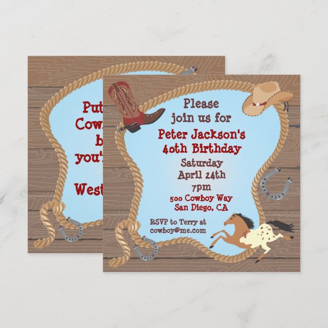 Western Cowboy Lasso Party Einladung (Vorne/Hinten)