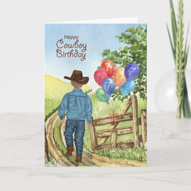 Western Cowboy mit Balloon Boy's 7th Birthday Karte (Vorderseite)