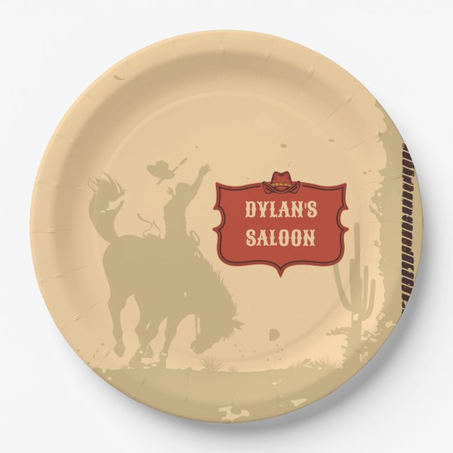 Western Cowboy Monogram Rustikaler Name Saloon Pappteller (Vorderseite)