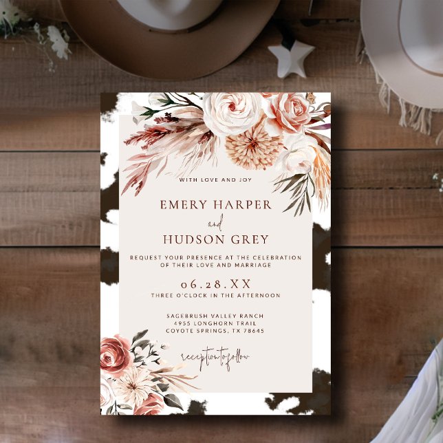 Western Cowboy Ranch Boho Floral Cowhide Hochzeit Einladung (western wedding invitation cowhide boho floral ranch country barn terracotta rust watercolor rustic)