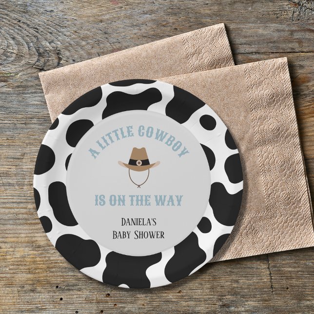 Western Cowboy Rodeo Kuh Print Boy Baby Dusche Pappteller (little cowboy baby shower paper plates cowprint western wild west)