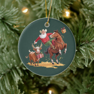 Western Cowboy Santa Weihnachten Rodeo Pferd & Ren Keramik Ornament