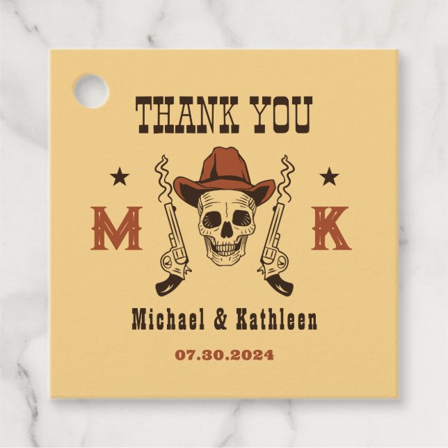 Western Cowboy Skull Monogram Country Wedding Geschenkanhänger (Vorderseite)