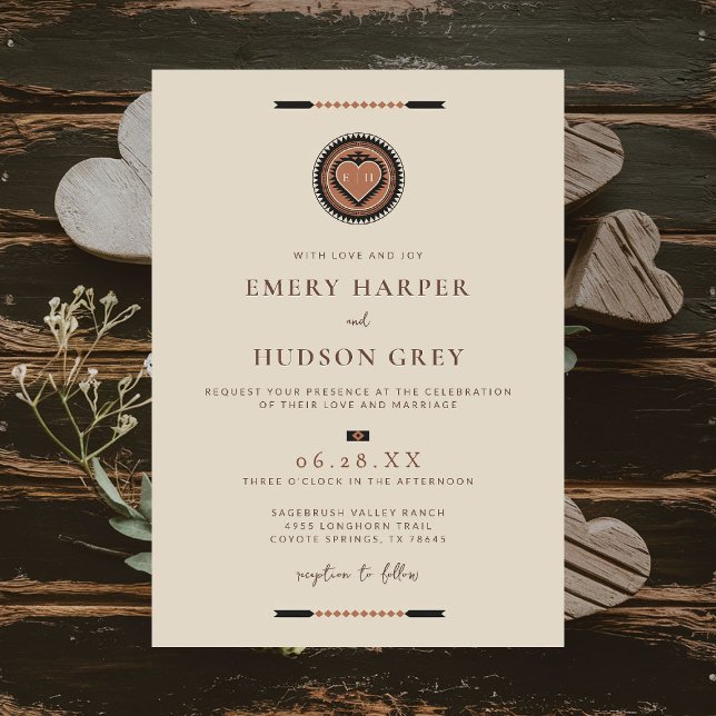 Western Cowboy Sweethearts Geometric Wedding Einladung (western wedding invitation cowboy southwest desert native tribal geometric brown earthy beige sandy)
