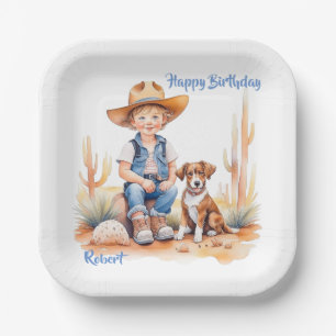 Western Cowboy und Hund Personalisiert zum Geburts Pappteller