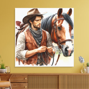 Western Cowboy und Pferd Gespannte Leinwanddruck