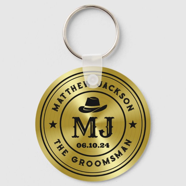 Western Cowboy Vintag Gold Monogram Trauzeugen Schlüsselanhänger (Vorderseite)