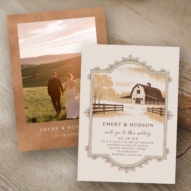 Western Cowboy Vintag Ranch Barn Wedding Foto Einladung (western wedding invitation cowboy ranch barn outdoor burnt orange terracotta vintage fall photo)
