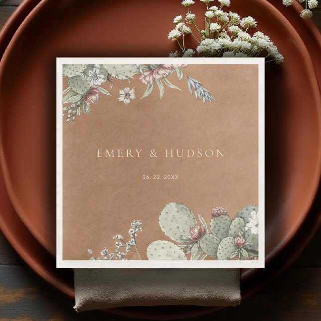 Western Cowboy Vintage Southwest Floral Wedding Serviette (western wedding theme southwestern botanical cactus floral art copper beige napkin)