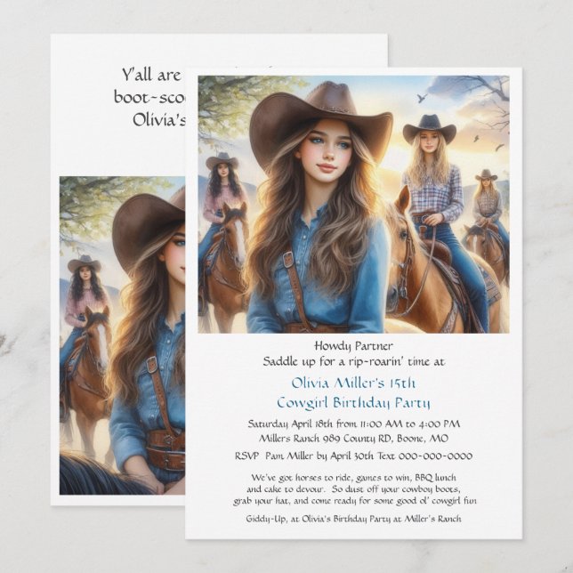 Western Cowgirl 15. Geburtstagsparty Einladung (Vorne/Hinten)