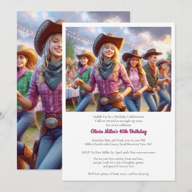 Western Cowgirl 16th Birthday Party Invitation (Devant / Derrière)