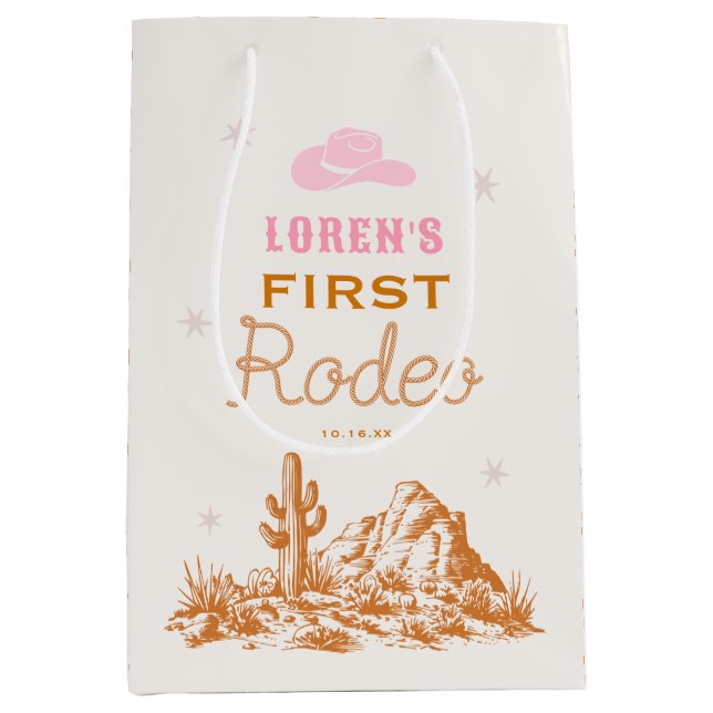 Western Cowgirl 1st Rodeo Birthday Mittlere Geschenktüte (Vorderseite)