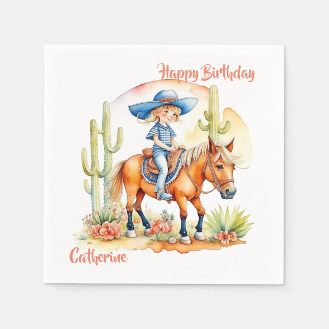 Western Cowgirl auf Pferd Personalisiert Geburtsta Serviette (Vorderseite)