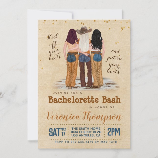 Western Cowgirl Bachelorette Brautparty Einladung (Vorderseite)