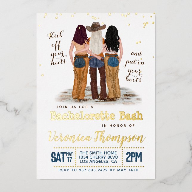 Western Cowgirl Bachelorette Brautparty Folieneinladung (Vorderseite)