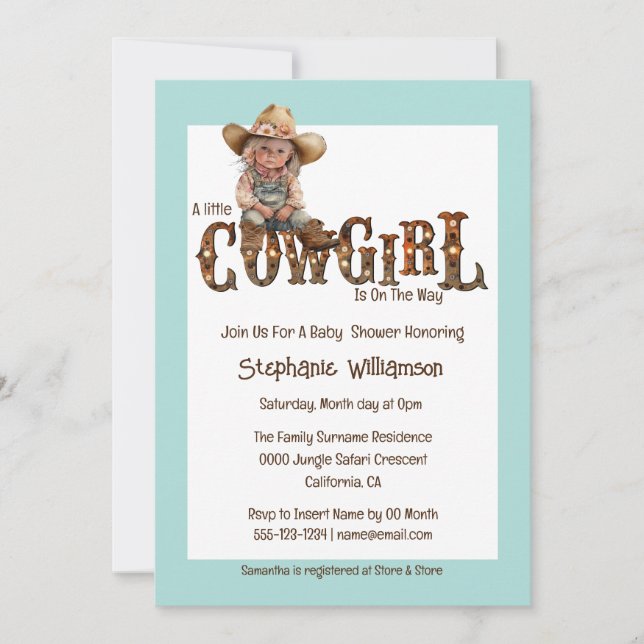 Western Cowgirl Blau Braun rustikale Mädchen Einladung (Vorderseite)