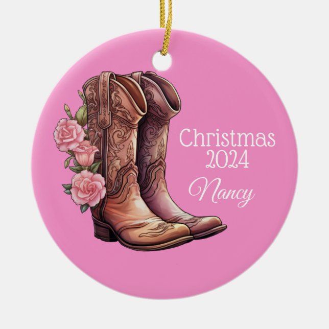 Western Cowgirl Boots Rose Ornement de Noël (Devant)