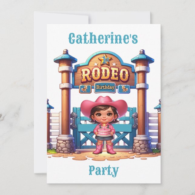 Western Cowgirl First Rodeo Geburtstag Custom Einladung (Vorderseite)