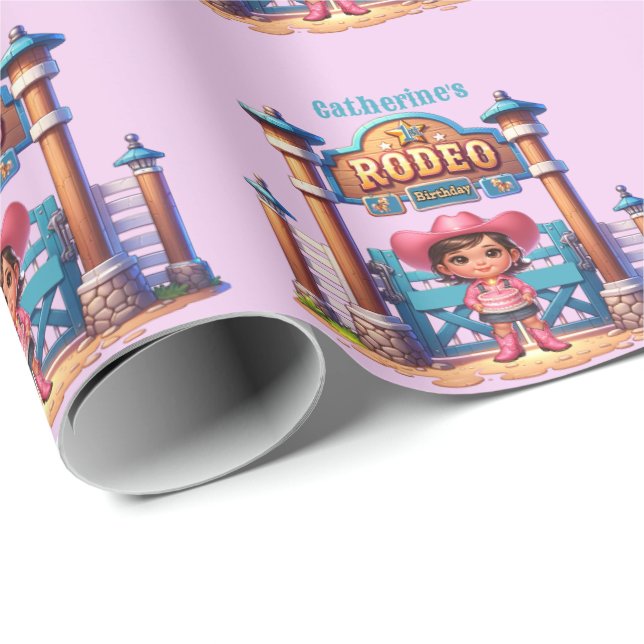 Western Cowgirl First Rodeo Geburtstag Custom Geschenkpapier (Rolleneckpunkt)