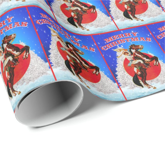 Western Cowgirl Horse Winter Szene Frohe Weihnacht Geschenkpapier (Rolleneckpunkt)