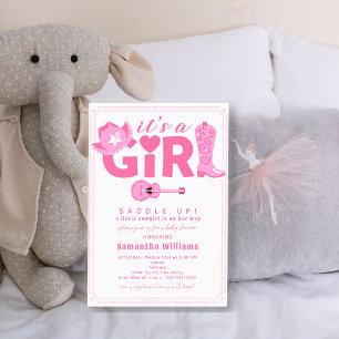 Western Cowgirl It's a Girl Rosa Karo Baby Shower Einladung