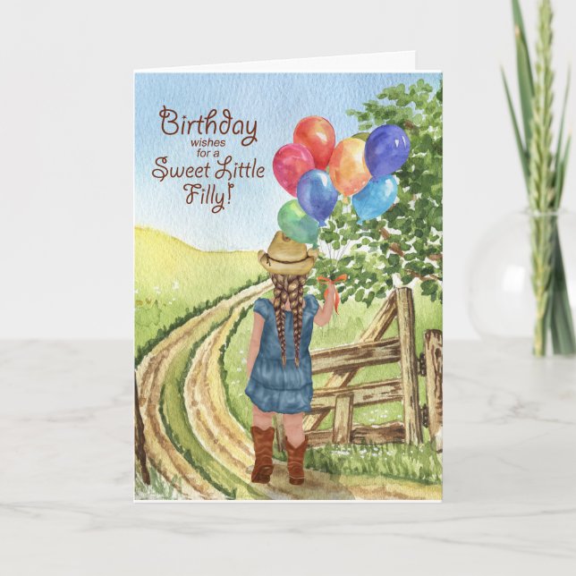 Western Cowgirl mit Balloon Girl's Birthday Karte (Vorderseite)