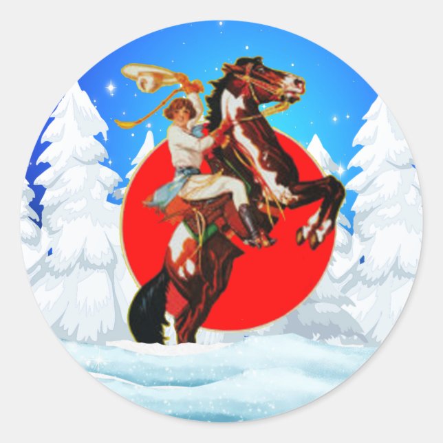 Western Cowgirl Pferd Winterszene Runder Aufkleber (Vorderseite)