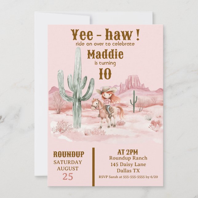 Western Cowgirl Pink Geburtstagseinladung Einladung (Vorderseite)