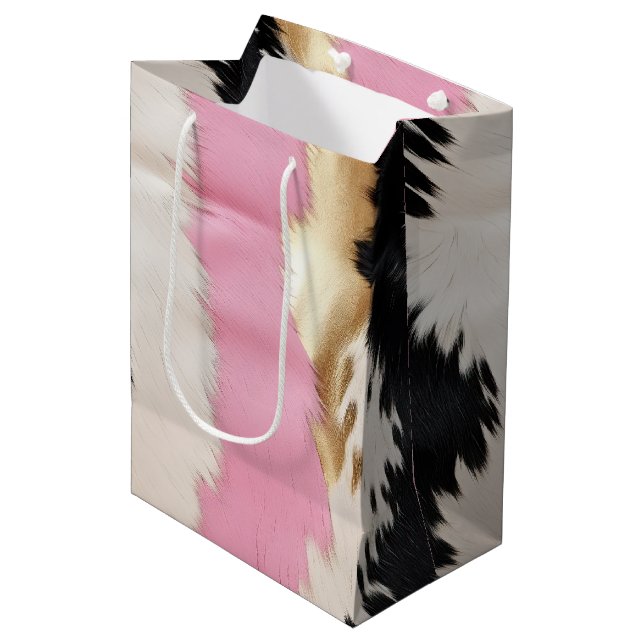 Western Cowgirl Pink Schwarz-weiß Gold Abstrakt Mittlere Geschenktüte (Vorderseite Schrägansicht)