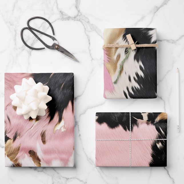 Western Cowgirl Pink Schwarz-weiß Gold Cowhide Geschenkpapier Set (Vorderseite)