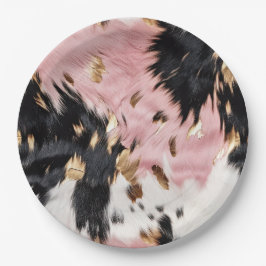Western Cowgirl Pink Schwarz-weiß Gold Cowhide Pappteller
