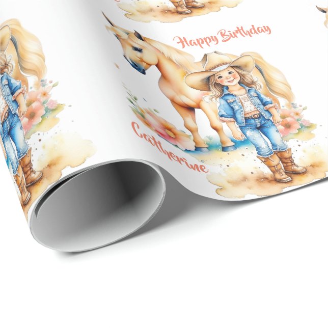 Western Cowgirl und Pferd Personalisiert Geburtsta Geschenkpapier (Rolleneckpunkt)