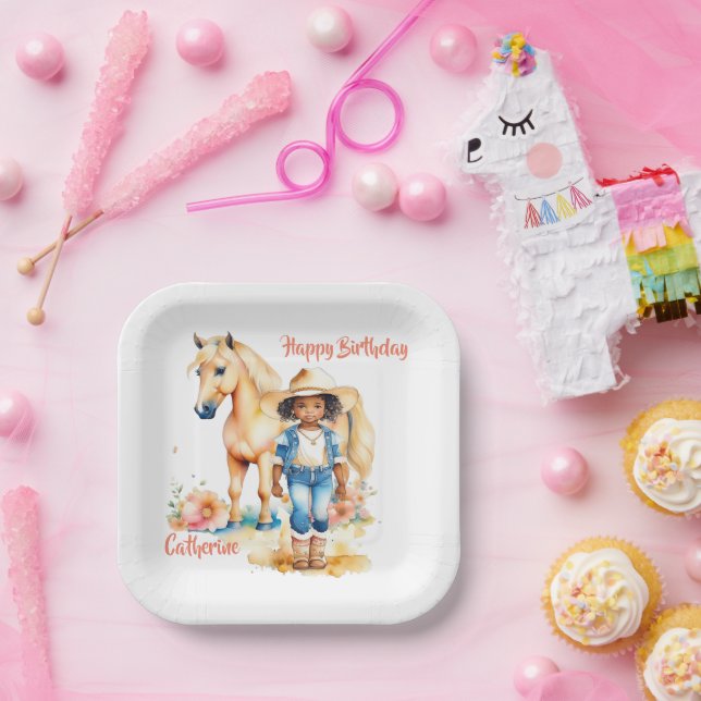 Western Cowgirl und Pferd Personalisiert Geburtsta Pappteller (Party)