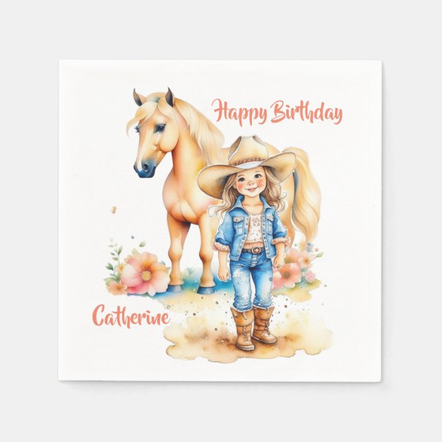 Western Cowgirl und Pferd Personalisiert Geburtsta Serviette (Vorderseite)