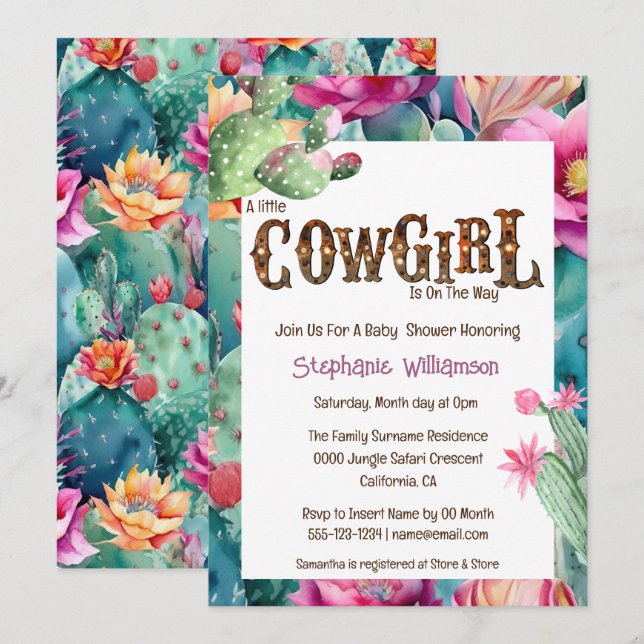 Western Cowgirl Wüstenkaktus Mädchen bunt chic Einladung (Vorne/Hinten)