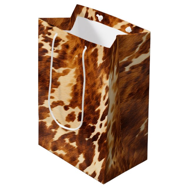 Western Cream Brown Cowhid Mittlere Geschenktüte (Vorderseite Schrägansicht)