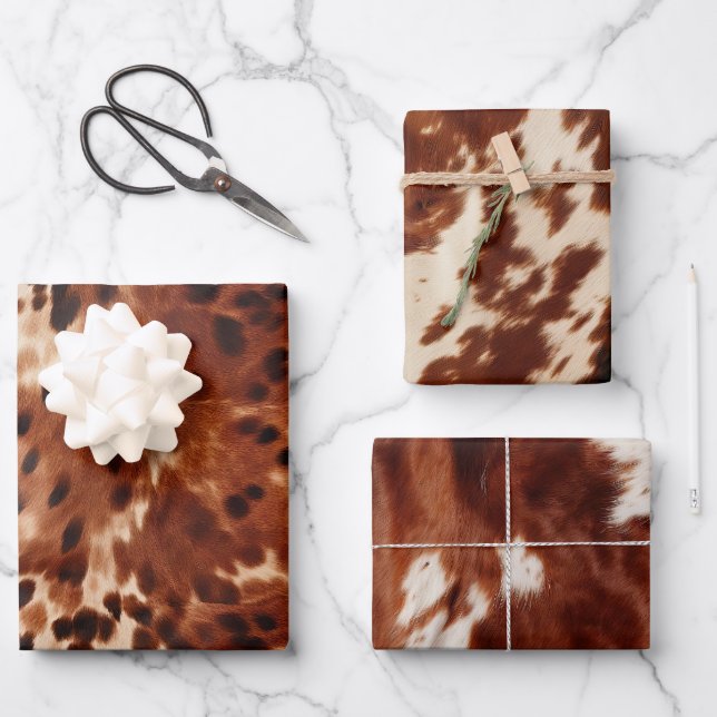 Western Creme Gepunktet Brown Black Cowhide Geschenkpapier Set (Vorderseite)