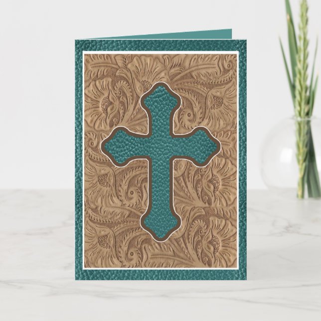 Western Cross Leather Print Tan Aquamarin Holiday Karte (Vorderseite)